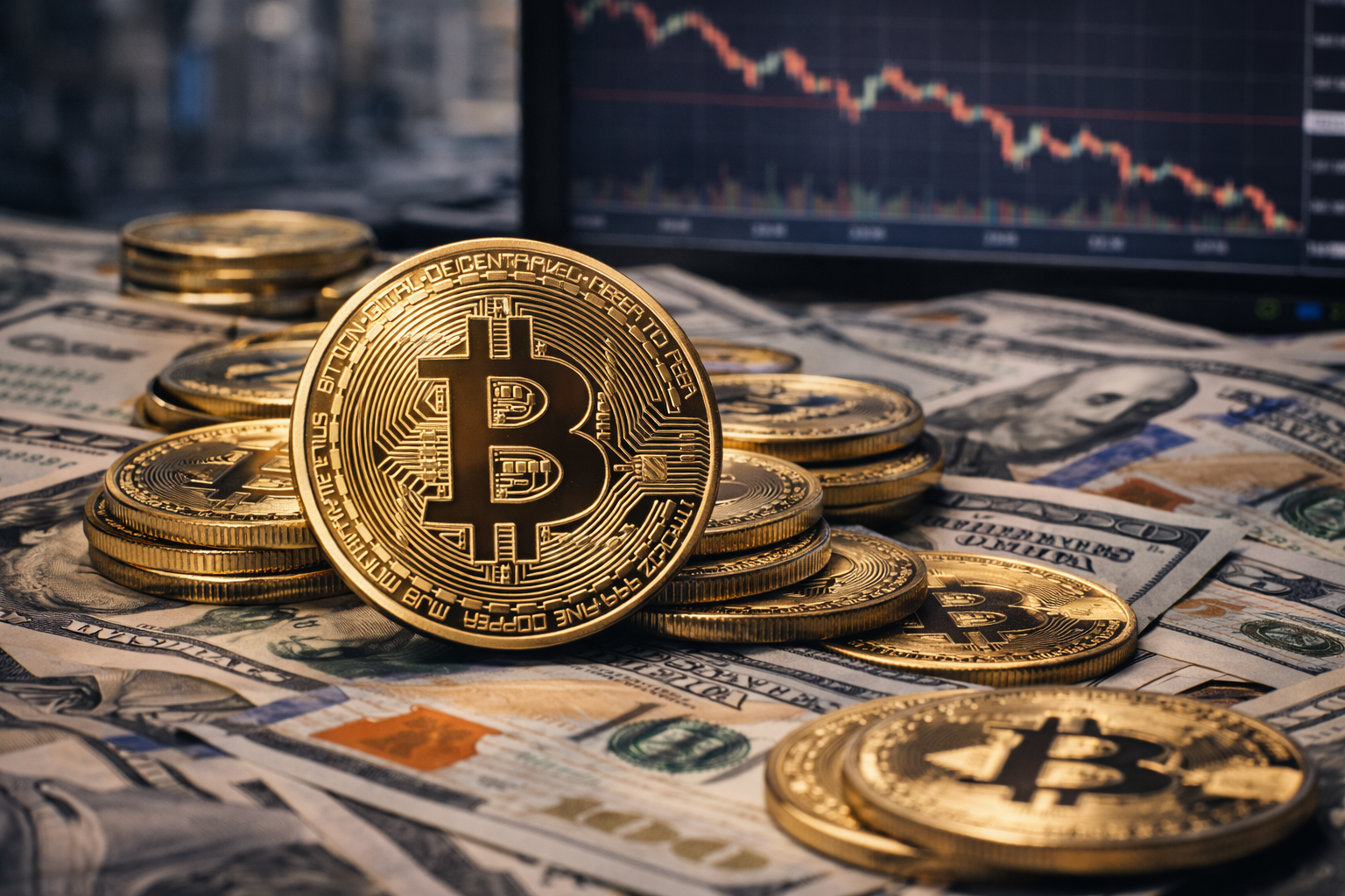 Bitcoin op stapels dollars, hoge koers maar fundamentele vragen blijven.