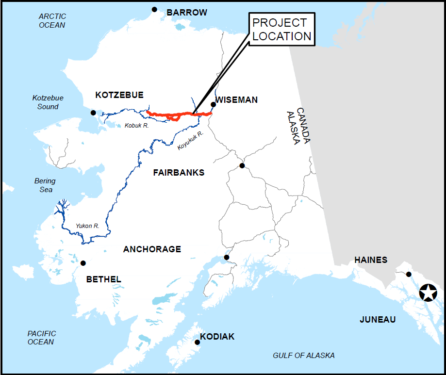 Kaart van Ambler Access Road in Alaska: cruciale route naar kritieke mineralen
