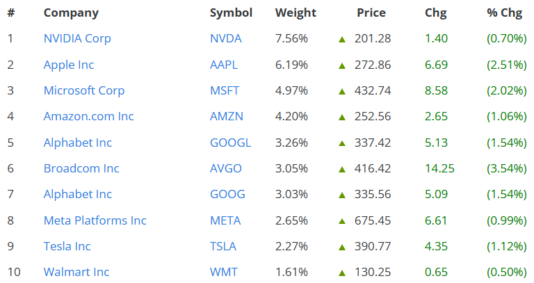 Top holdings S&P 500 sterk geconcentreerd in technologiebedrijven